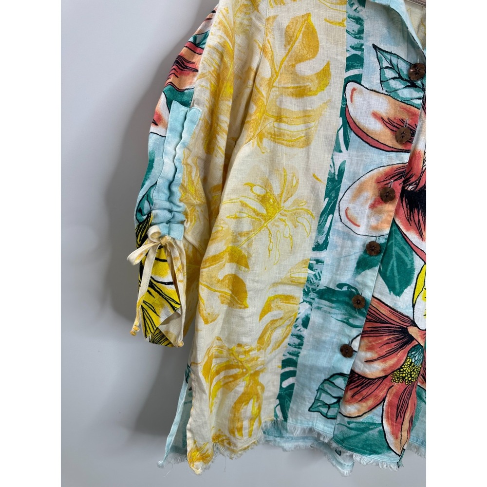 John Mark Artsy Boho Wire Collar Raw Hem 100% Linen Tunic Top Floral Size Small - Picture 9 of 12